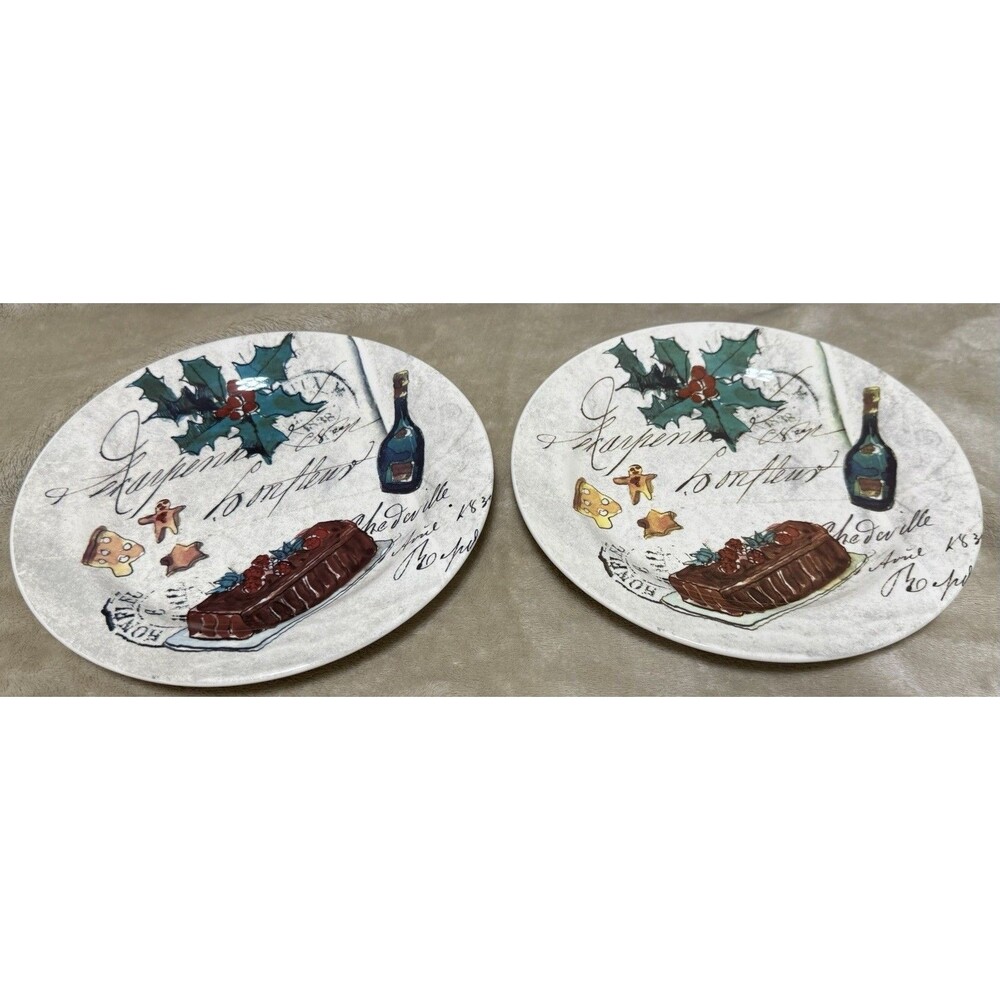 Set Of 2 Matching Williams Sonoma Holiday Christmas 8 3/4” Plates Fruitcake Wine